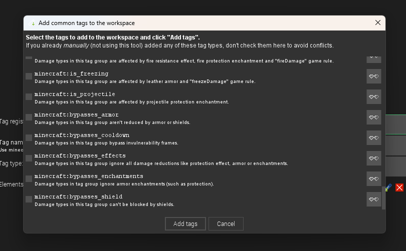 Damange type tag suggestions in MCreator Minecraft mod maker